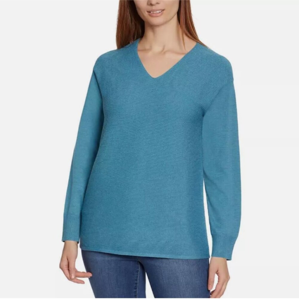 Ella Moss Womens Ribbed V-Neck Sweater Blue